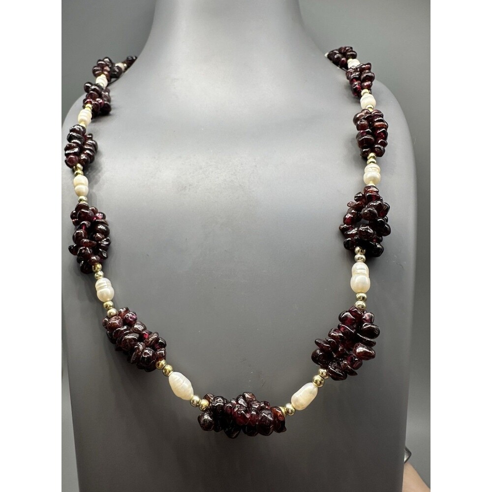 Purple Garnet Cluster & Freshwater Pearl Bead Necklace 24” Vintage